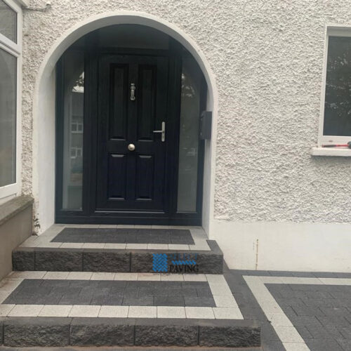 Driveway with Black and Silver Granite Cobbles, Steps and Pillars in Blanchardstown, Dublin