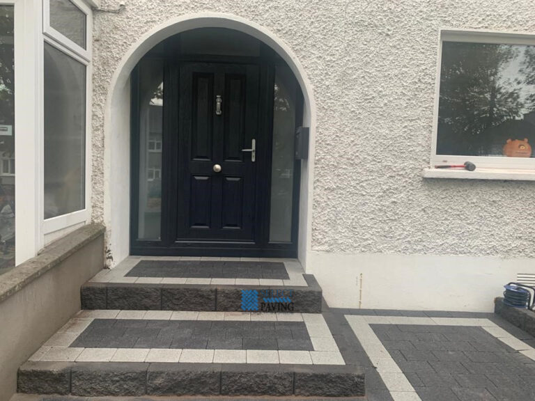 Driveway with Black and Silver Granite Cobbles, Steps and Pillars in Blanchardstown, Dublin