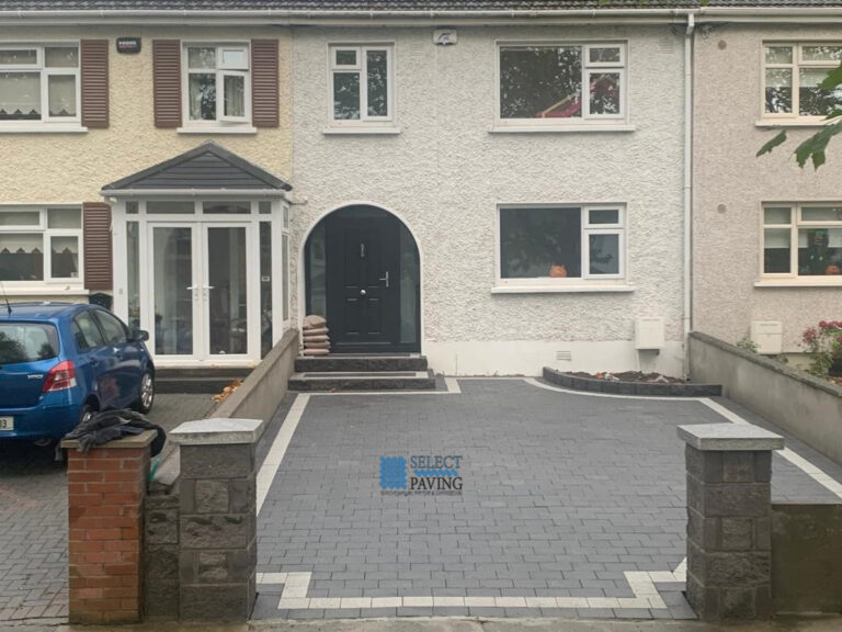 Driveway with Black and Silver Granite Cobbles, Steps and Pillars in Blanchardstown, Dublin