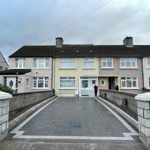 Driveway with Charcoal Grey Tegula Paving and New Block Pillars with Granite Caps in Palmerstown, Dublin