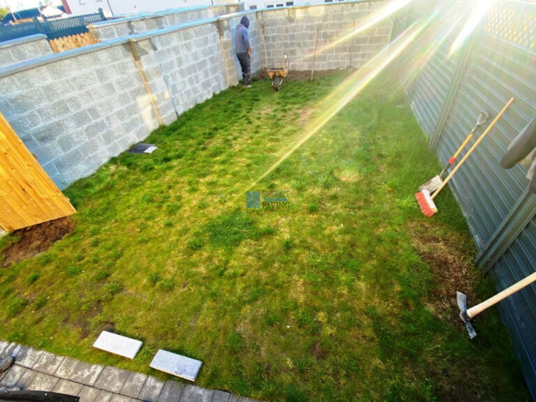 Patio with Silver Grey Flagstones, Artificial Lawn and Flower Beds in Swords, Dublin