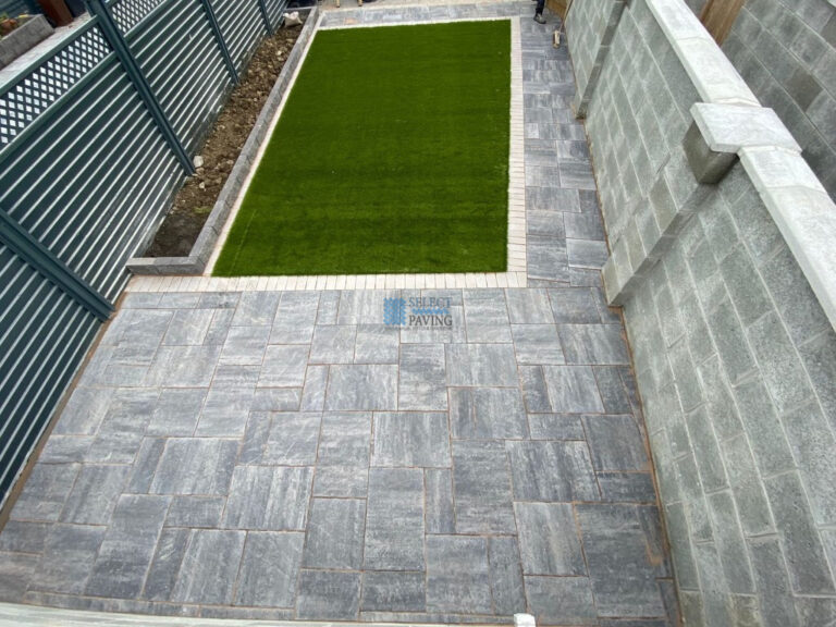 Patio with Silver Grey Flagstones, Artificial Lawn and Flower Beds in Swords, Dublin