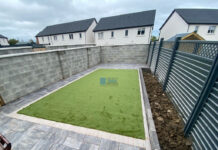 Patio with Silver Grey Flagstones, Artificial Lawn and Flower Beds in Swords, Dublin