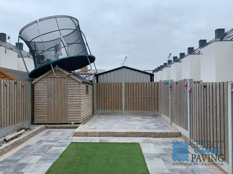 Silver Grey Patio with Artificial Grass in Ballymun, Dublin