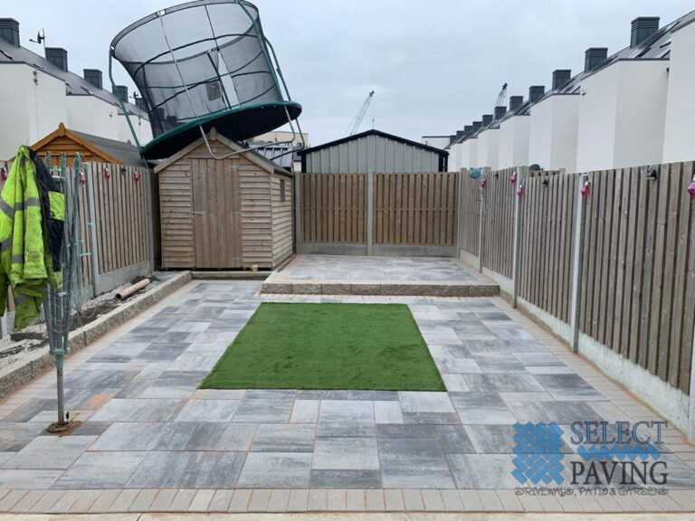 Silver Grey Patio with Artificial Grass in Ballymun, Dublin